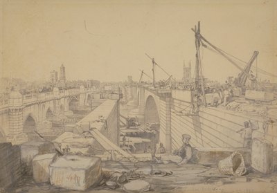 Konstruktionen af London Bridge, 1830 af Edward William Cooke