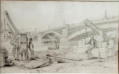 Udsigt over Southwark Bridge og Themsen fra Bankside med to boretårne i forgrunden af Edward William Cooke