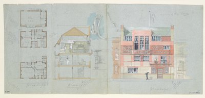 Front elevation og sektion til hus og studie for Frank Miles (1852-91), Tite Street, Chelsea, 1878-79 (wc og blyant på papir) (se også 176481-482, 176484-485) af Edward William Godwin