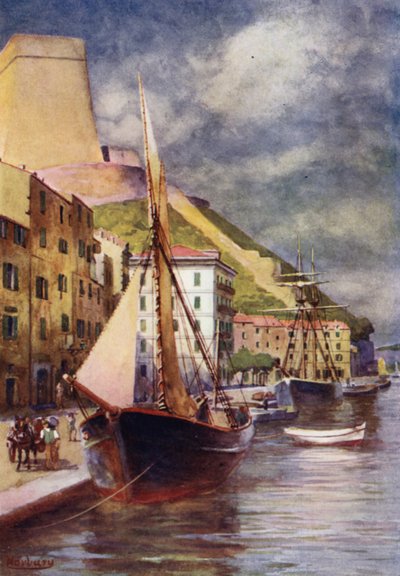 Korsika: Havnen, Bonifacio (farve litho) af Edwin Arthur Norbury