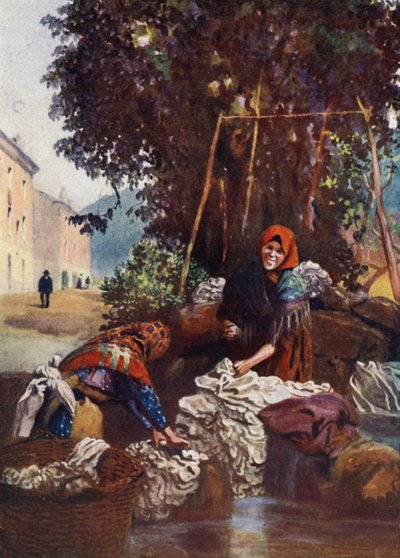 Korsika: Kvinde vasker linned (farve litho) af Edwin Arthur Norbury