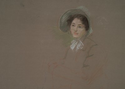 Skitse i brystlængde af en kvinde iført motorhjelm af Edwin Austin Abbey