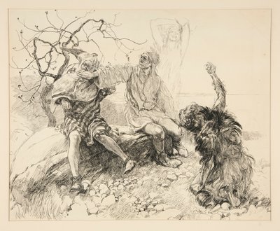 Caliban, Stephano og Trinculo (Ariel usynlig), illustration til akt II, Scene ii, Stormen af Edwin Austin Abbey