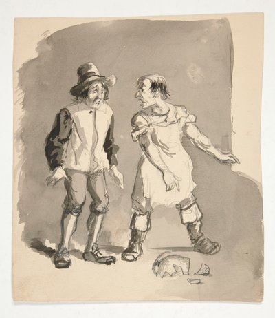 Tegneserie af to mænd og ødelagt gryde af Edwin Austin Abbey
