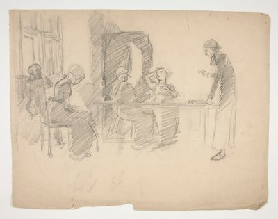 Tidlig undersøgelse for Stony Ground 1884, interiør med figurer af Edwin Austin Abbey