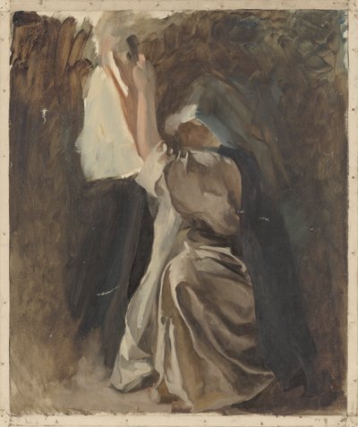 Figurstudie af en nonne, til Galahads barndom, i The Quest and Achievement of the Holy Grail, Book Delivery Room, Boston Public Library af Edwin Austin Abbey