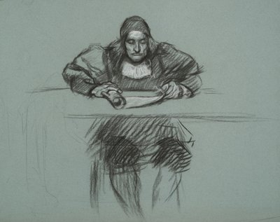 Figur for retssagen mod dronning Katherine. ekspedient ved skrivebordet af Edwin Austin Abbey