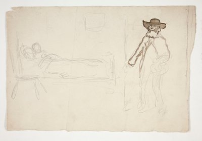 Figur i seng, mand ind i værelset - uidentificeret illustration af Edwin Austin Abbey