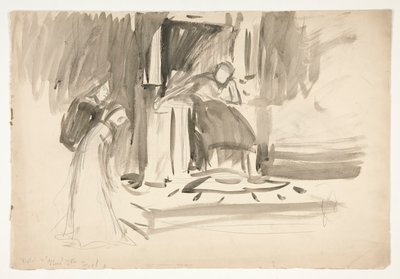 Figur på tronen, flankeret af to figurer, skitse til et uidentificeret Shakespeare-skuespil af Edwin Austin Abbey