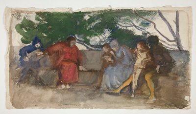 Figurer siddende langs en udendørs bænk af Edwin Austin Abbey