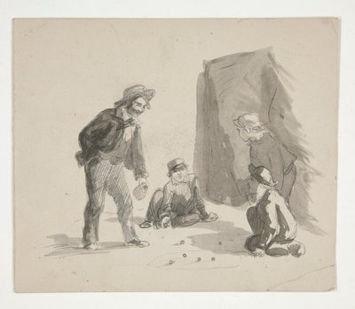 Fire drenge spiller kugler (recto); Uidentificeret illustration af dreng ved staffeli i interiøret (verso) af Edwin Austin Abbey