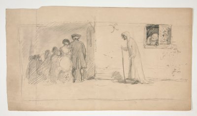 Gruppe af figurer udenfor stenhus - uidentificeret illustration af Edwin Austin Abbey
