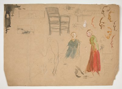 Hoved- og figurstudier og studie af en stol (recto); Skitser til bogillustrationer (verso) af Edwin Austin Abbey