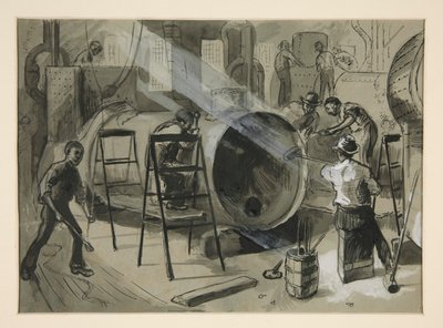 Illustration inde i en fabrik af Edwin Austin Abbey
