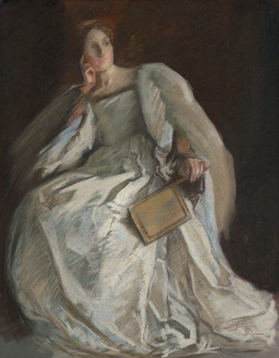Dame i hvidt siddende. Højre hånd til hage. Holdende blæser. af Edwin Austin Abbey