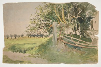 Landskab med træer og brudt hegn af Edwin Austin Abbey