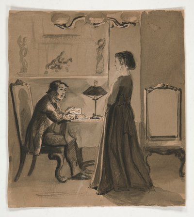 Mand og kvinde i et interiør - uidentificeret illustration af Edwin Austin Abbey