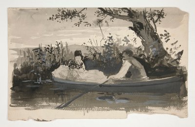 Mand og kvinde i robåd, nær flodbredden - uidentificeret illustration af Edwin Austin Abbey