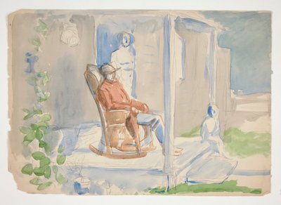 Mand i gyngestol på verandaen med sin kone og barn - uidentificeret illustration af Edwin Austin Abbey