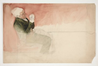 Mand siddende, undersøger indersiden af en skål - (uidentificeret illustration) af Edwin Austin Abbey