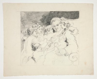 Mand med børn omkring sig - uidentificeret illustration af Edwin Austin Abbey