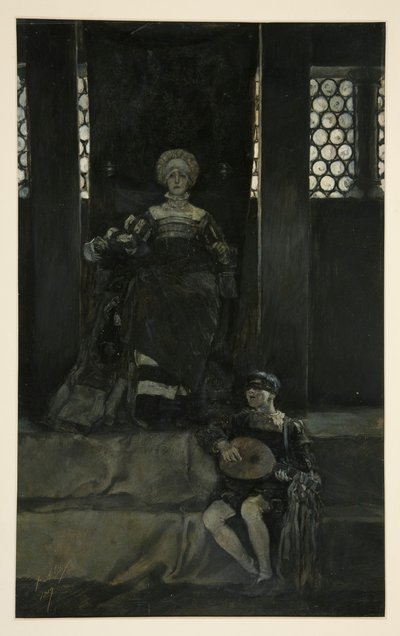 Mariana og dreng synger - Akt III, Scene I, Mål for Mål af Edwin Austin Abbey