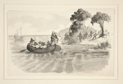 Mænd i robåd, der flygter fra indianere på land - uidentificeret illustration (Columbus opdager den nye verden?) - opdagelsesrejsende lander i den nye verden af Edwin Austin Abbey