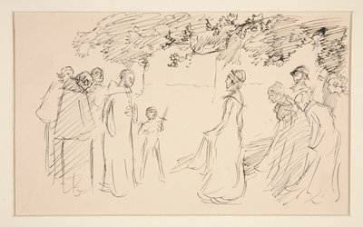 Mennesker i middelalderdragt udenfor - uidentificeret illustration af Edwin Austin Abbey