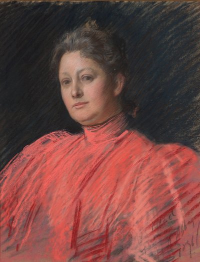 Portræt af Mrs. Abbey i lyserød kjole, taljelængde af Edwin Austin Abbey