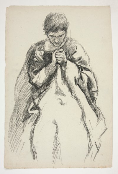 Klædt skikkelse, der beder: Studium til vægmaleriserien The Quest of the Holy Grail på Boston Public Library af Edwin Austin Abbey