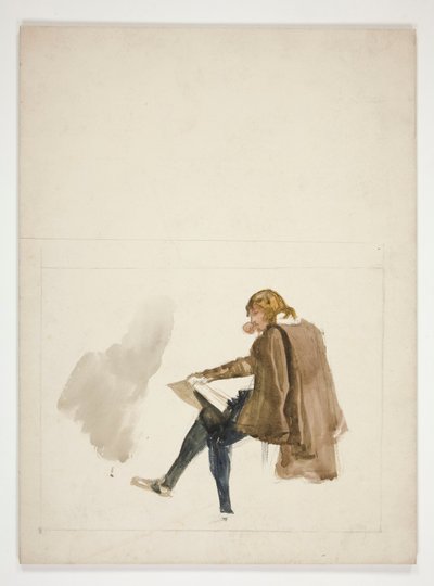 Siddende ung mand i brun kappe, læser - uidentificeret illustration af Edwin Austin Abbey