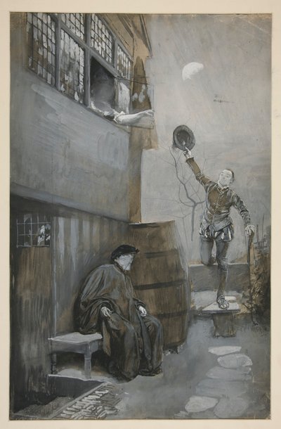 Skitse til Nighttime Rendezvous - 3 figurer: to mænd, en kvinde af Edwin Austin Abbey