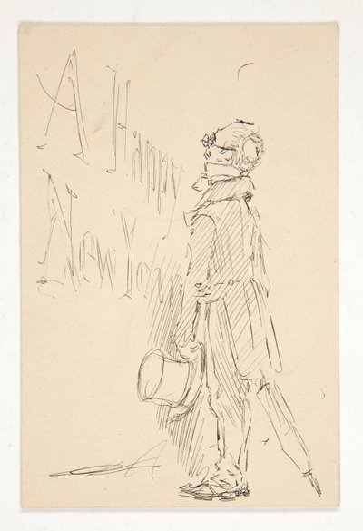 Skitse til et lykønskningskort: Godt nytår; undersøgelse af en mand, der læser et skilt af Edwin Austin Abbey