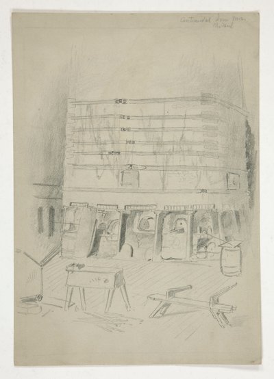 Skitse af Continental Iron Works(?) [industrielt interiør] af Edwin Austin Abbey