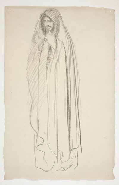 Skitse af en kappebeklædt kvindefigur for Three Marys at the Cross af Edwin Austin Abbey