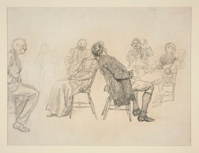Skitse af et par, der spiller et spil, omgivet af tilskuere, i et interiør (?) - uidentificeret illustration af Edwin Austin Abbey