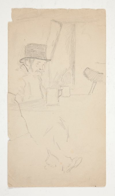 Skitse af en forkrøblet mand siddende ved bordet i baren af Edwin Austin Abbey