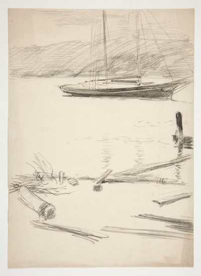 Skitse af en dock og sejlbåd af Edwin Austin Abbey