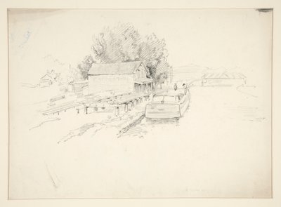 Skitse af en mole med fiskerbåd og butik ved havnen af Edwin Austin Abbey