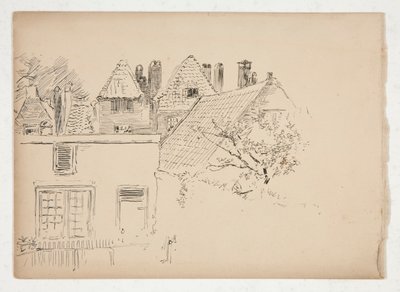 Skitse af et ydre: bygninger og træ af Edwin Austin Abbey