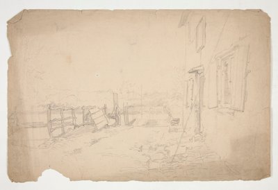 Skitse af et ydre af et landsted af Edwin Austin Abbey