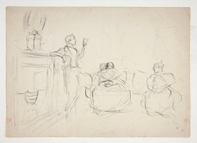 Skitse af et interiør: mand læser højt, kvinder strikker - uidentificeret illustration af Edwin Austin Abbey