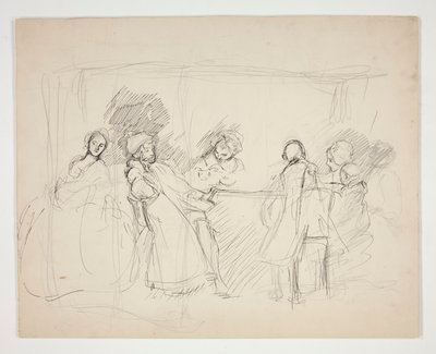 Skitse af figurer rundt om et bord - uidentificeret illustration til et skuespil (?) af Edwin Austin Abbey