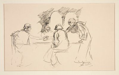 Skitse af fire mænd i middelalderdragt ved et bord - uidentificeret illustration, evt af Edwin Austin Abbey