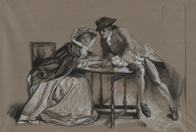 Undersøgelse. Lady og Gentleman i samtale hen over et bord af Edwin Austin Abbey