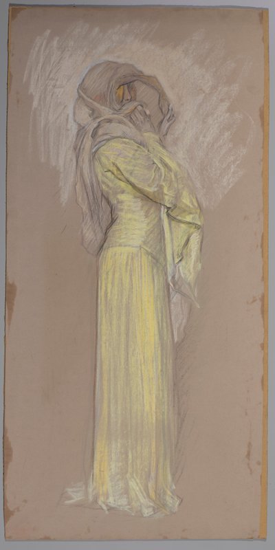 Studie, kvinde i gul kjole med brunt slør over ansigtet af Edwin Austin Abbey