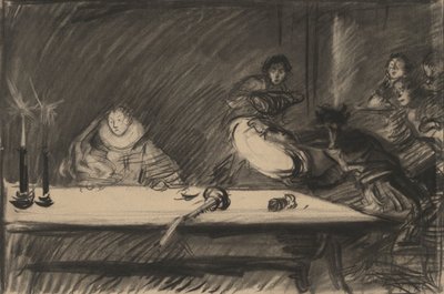 Studie for Petruchio vælter skyttegraveren - IV. akt, Scene I, The Taming of the Shrew af Edwin Austin Abbey