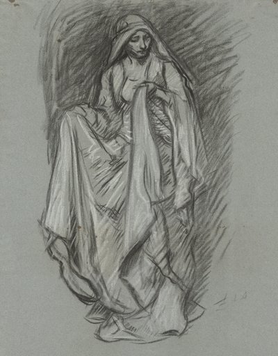 Studie for draperet kvinde, figurstudie til The Quest of the Holy Grail (serie på 15 malerier til Boston Public Library, afsluttet i 1901) af Edwin Austin Abbey