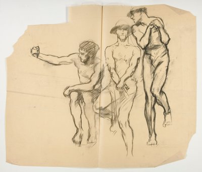 Undersøgelse for smedje af Vulcan; Tre minearbejdere - stålarbejdere af Edwin Austin Abbey