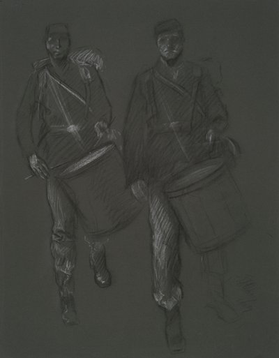 Undersøgelse af figurerne af to borgerkrigstrommeslagere, i af Edwin Austin Abbey